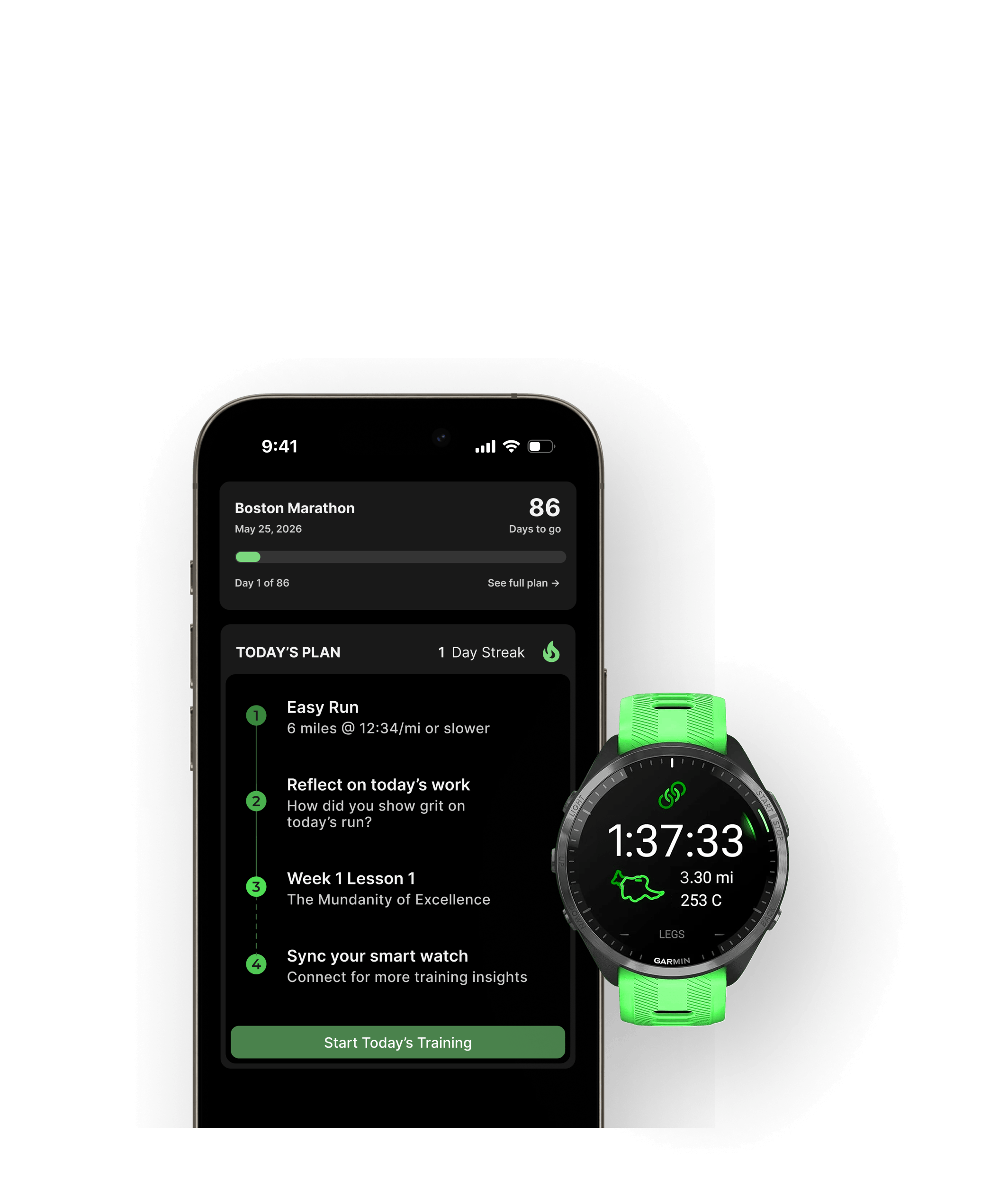 Accomplice app showing a marathon training plan next to a Garmin watch